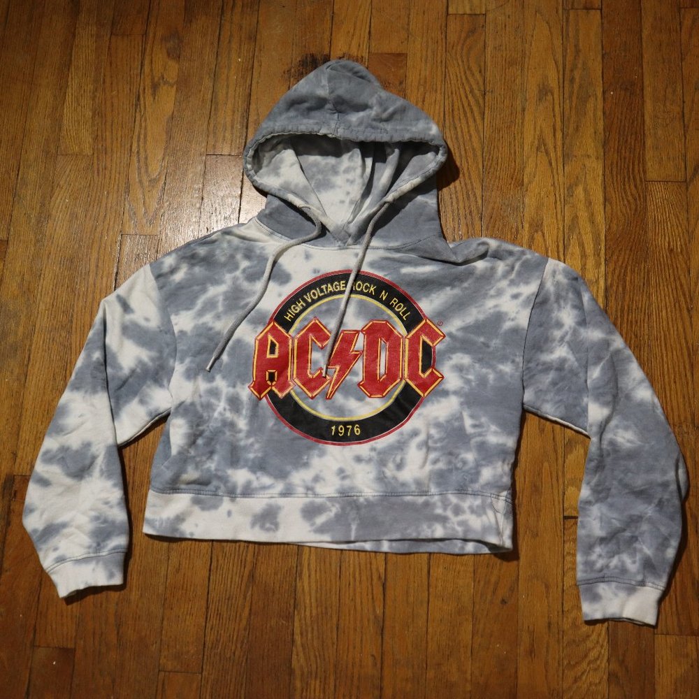 High Voltage Rock and Roll ACDC Tie-Dye Graphic Cropped Hoodies Womens Large